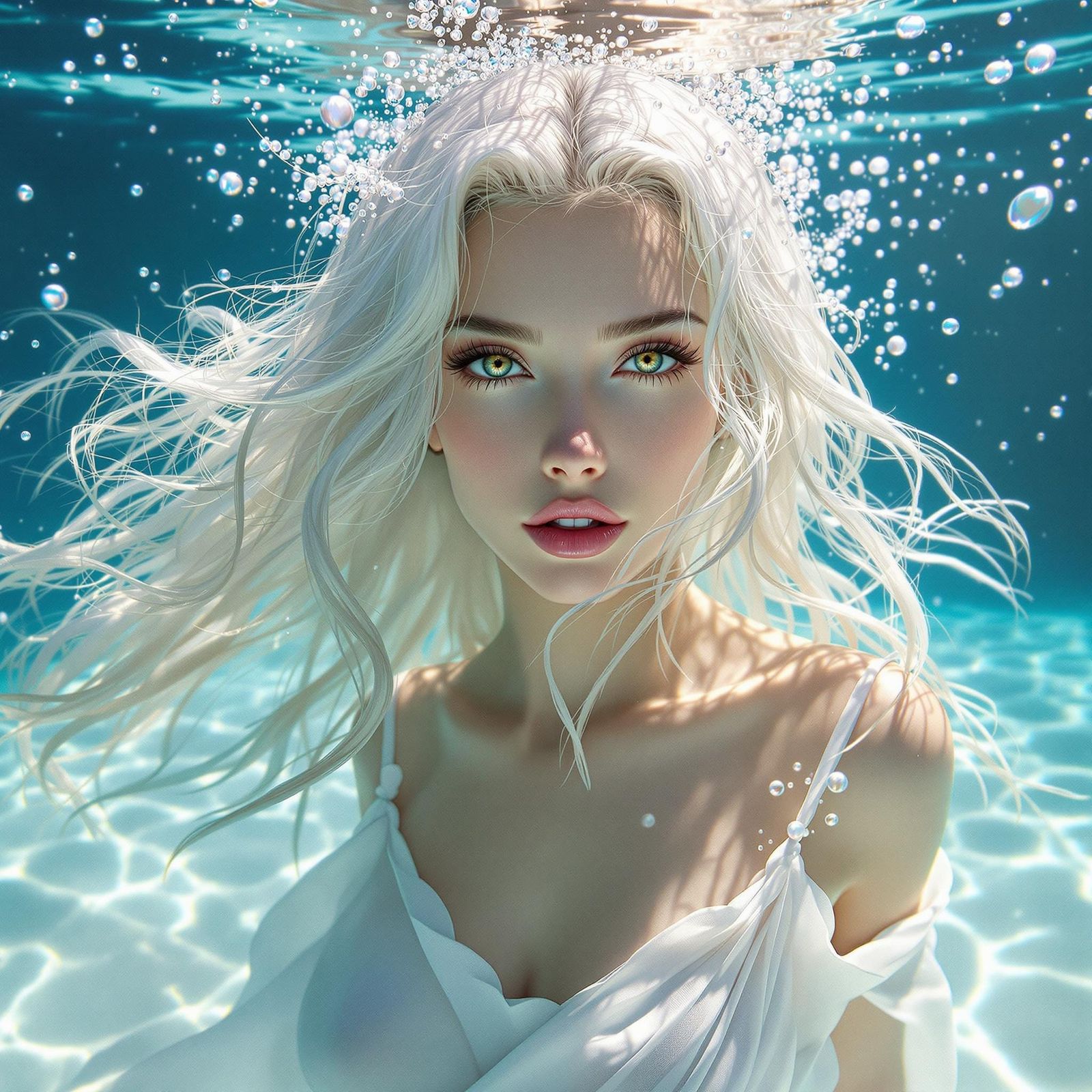 Mystical Underwater Fashion Photography of White-Haired Woma...