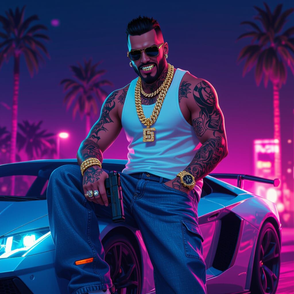 Gangster on Lamborghini in Digital Art Style