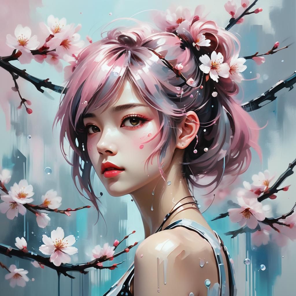 Cyberpunk Cherry Blossoms in Oil and Water