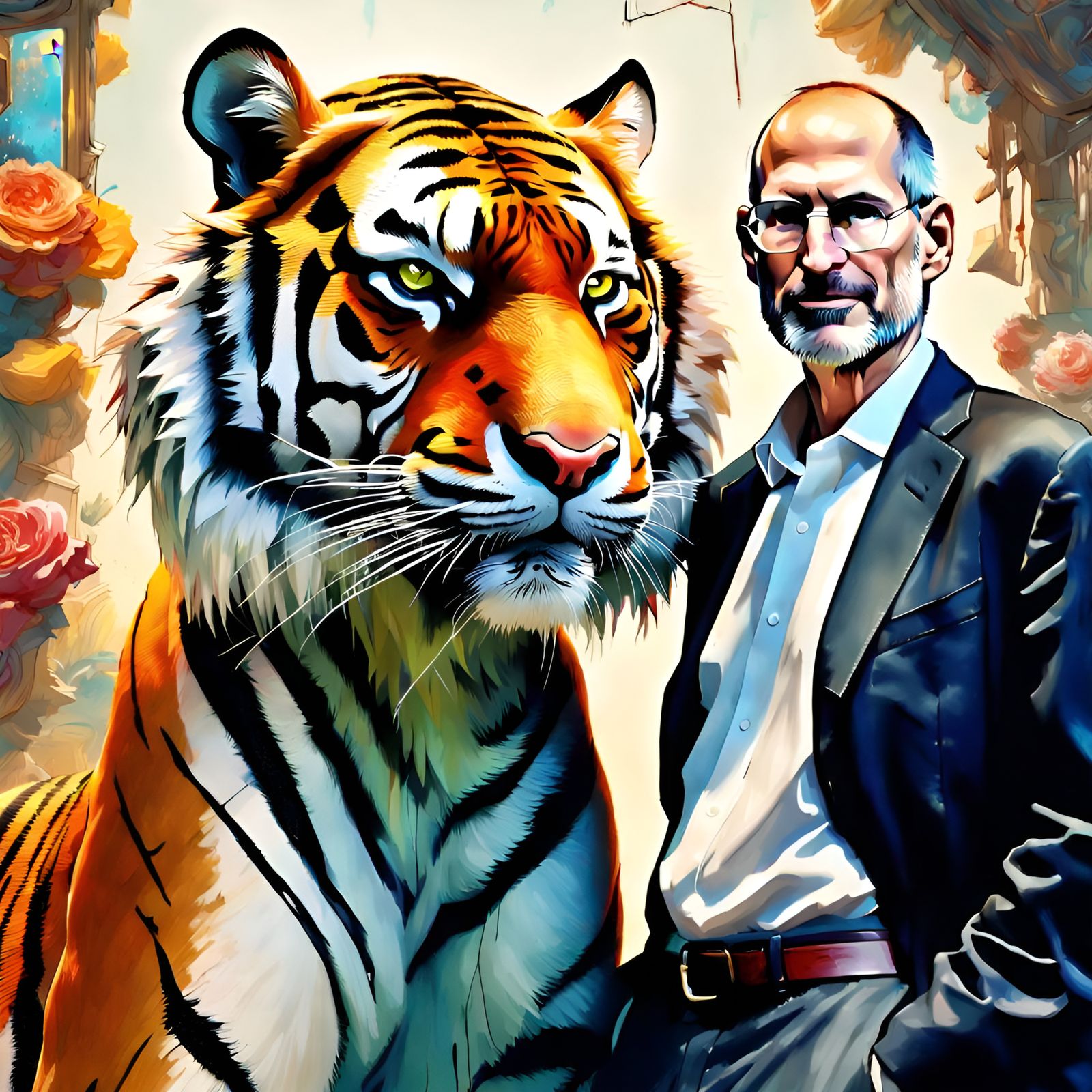 Hobbes and Steve Jobs Portrait, Detailed Digital Art