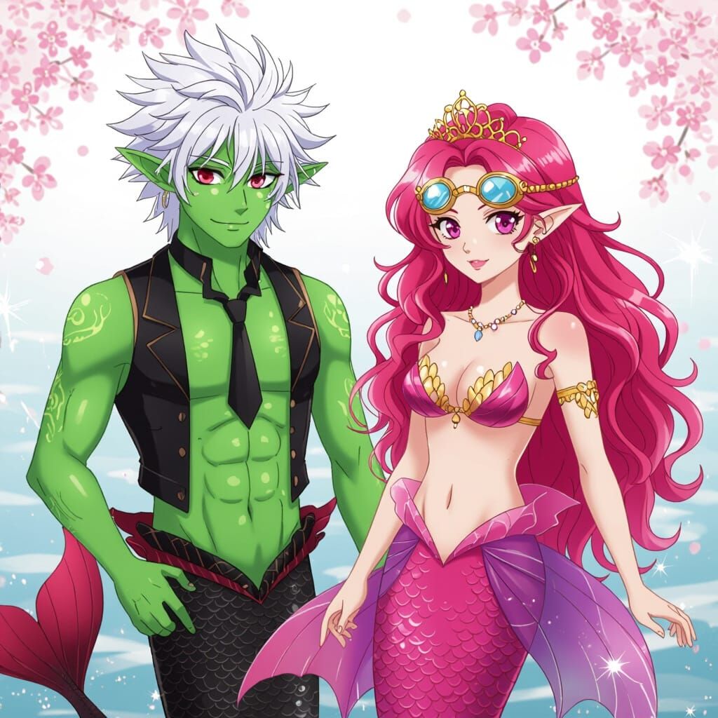 Anime Merman and Mermaid in a Sea