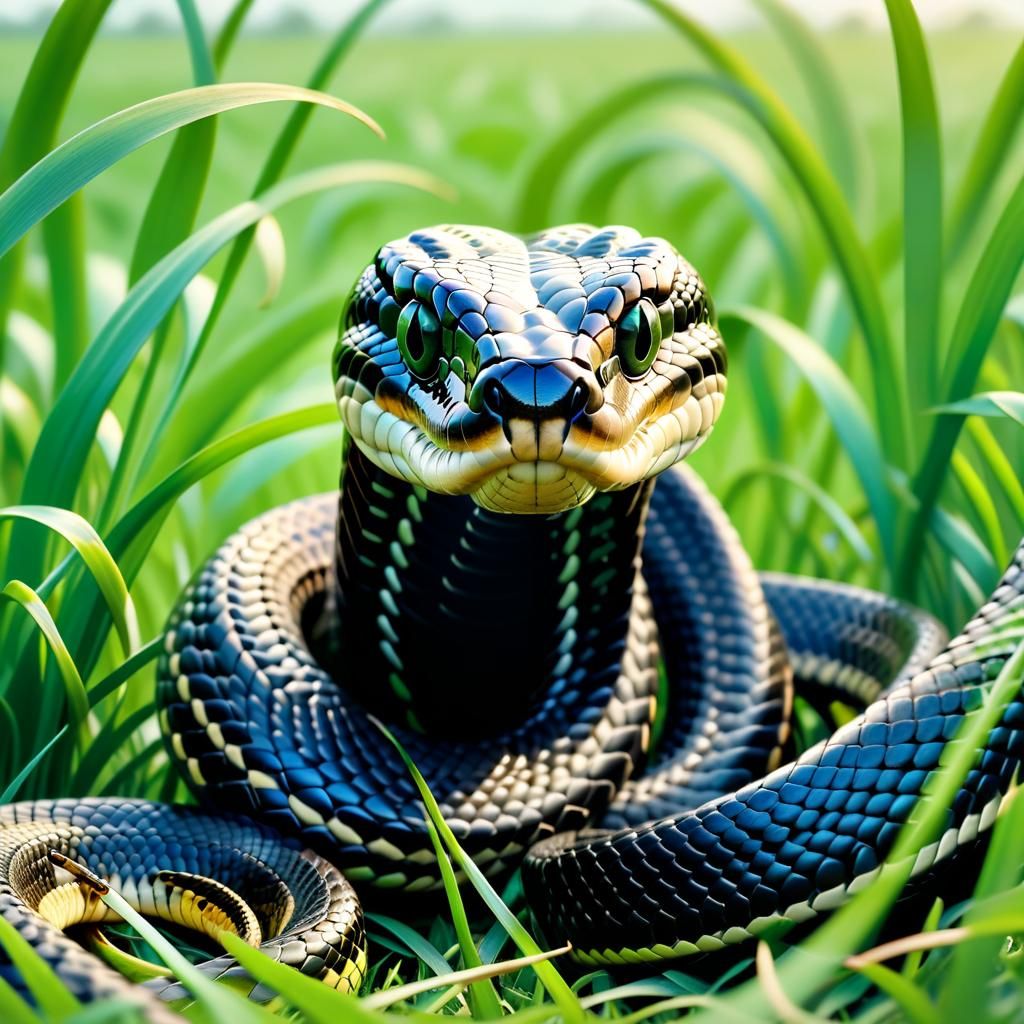 Spectacled Cobra with Baby Cobras in Lush Field