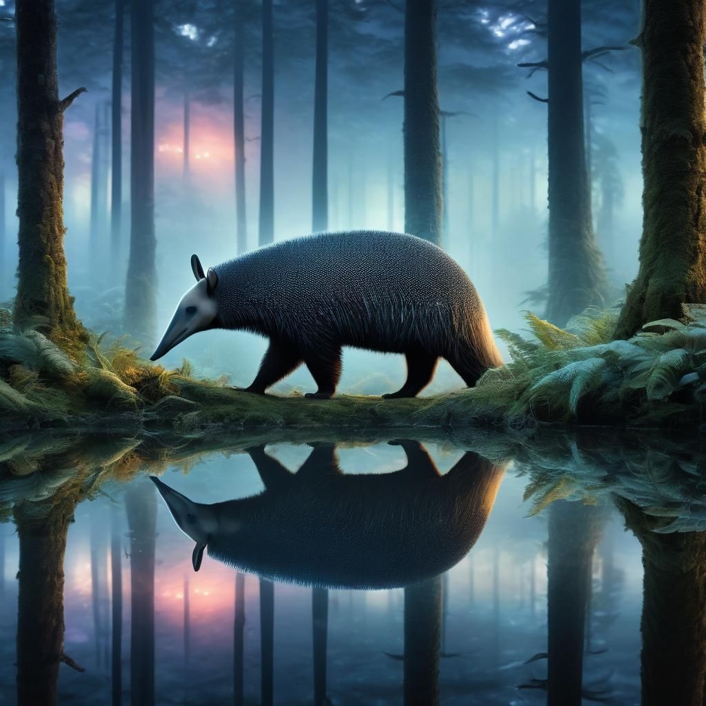 Surreal Anteater in Mirrored Twilight Forest