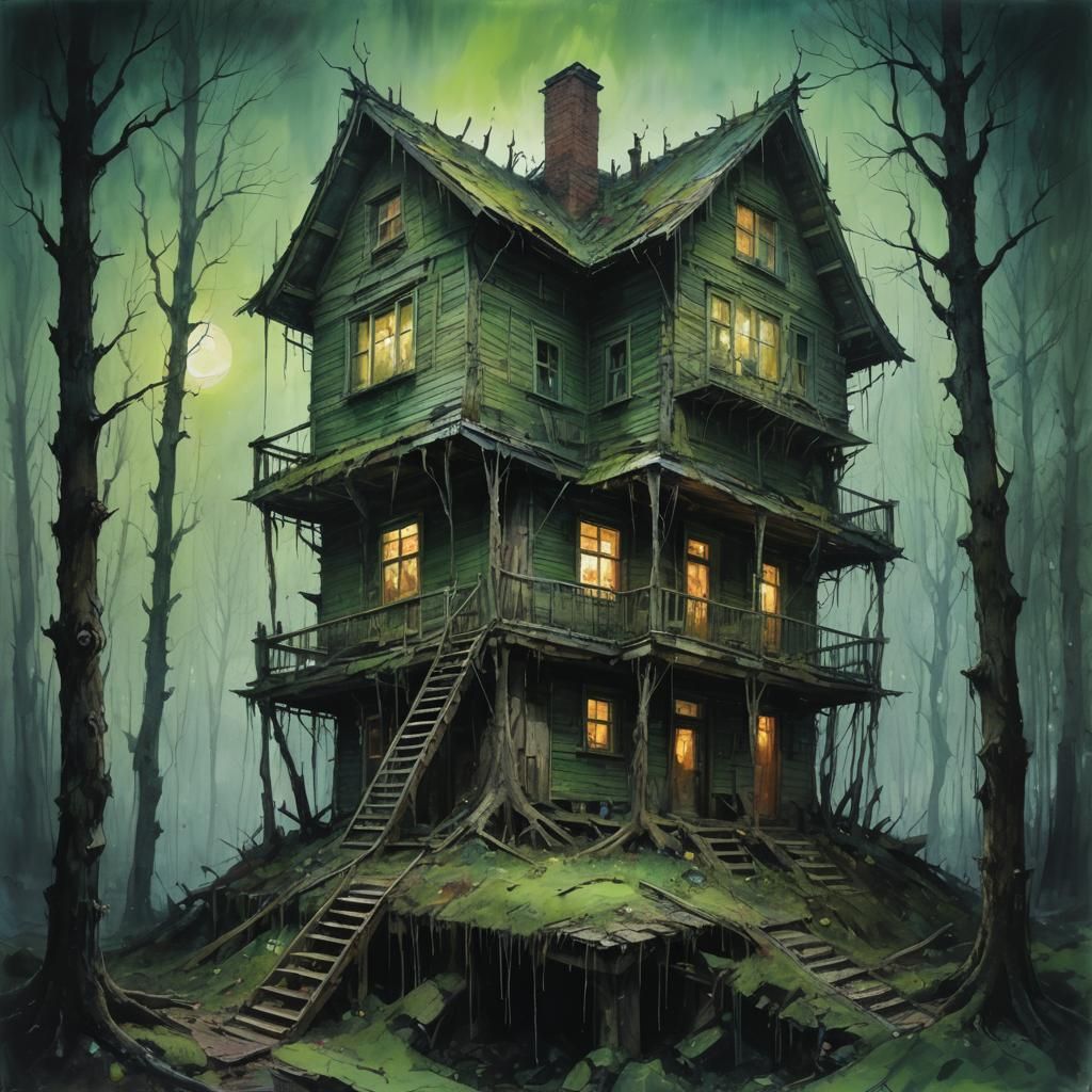 multi-floor, multi-tiered, rickety wooden house, off center, horror, bleak, haunting, witch's house, forest, night time,...