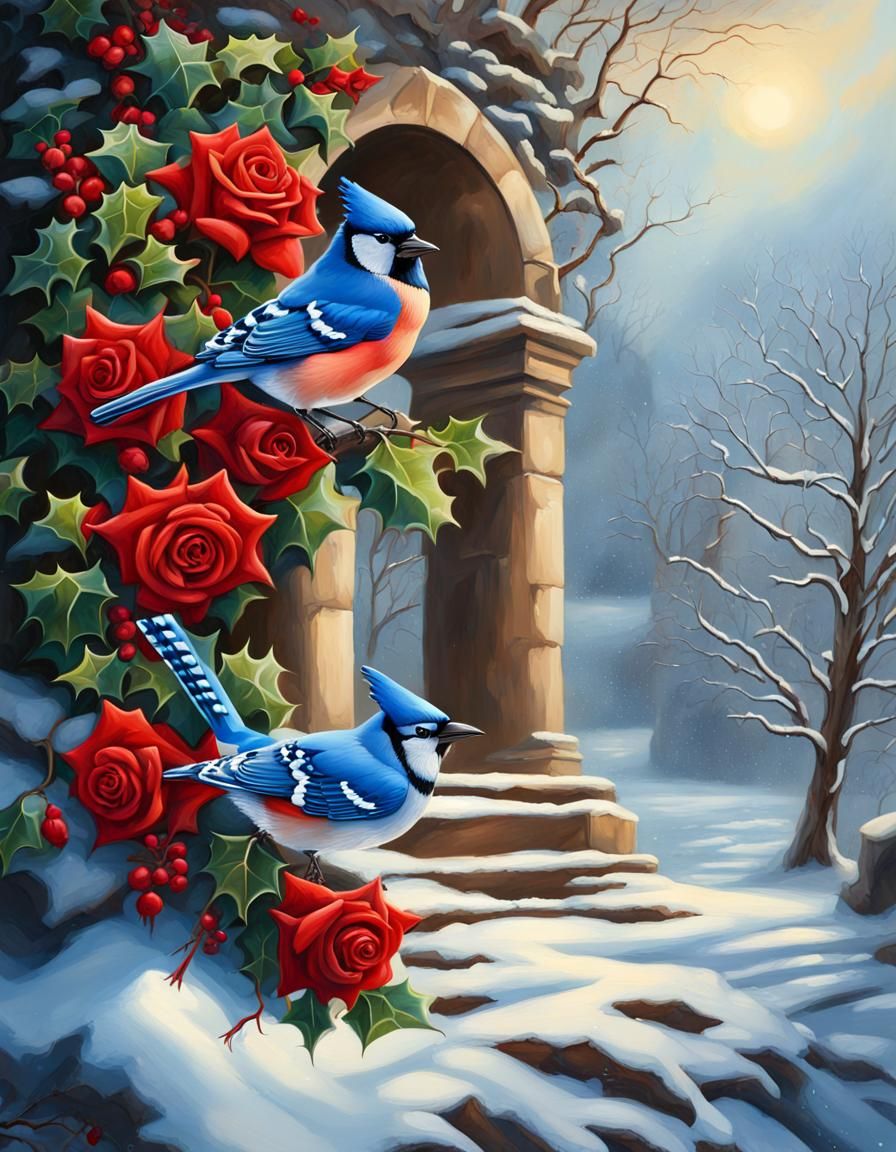 Winter Landscape with Birds in Oil Painting Style