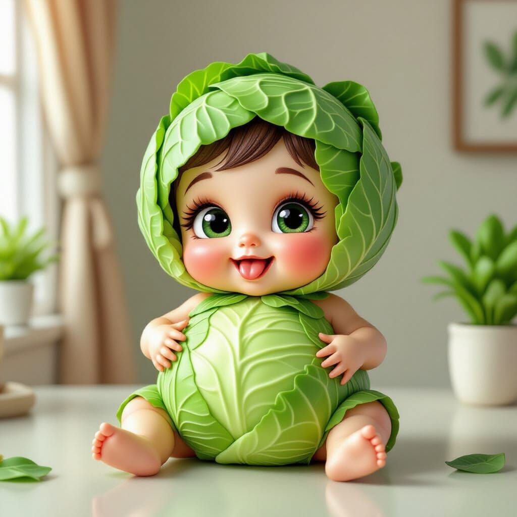 Hyper-Realistic Cabbage Baby Character on Table
