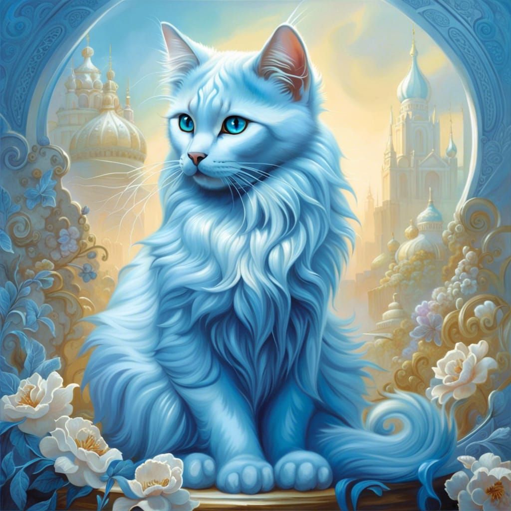 Azure Russian Cat in Detailed, Realistic Style