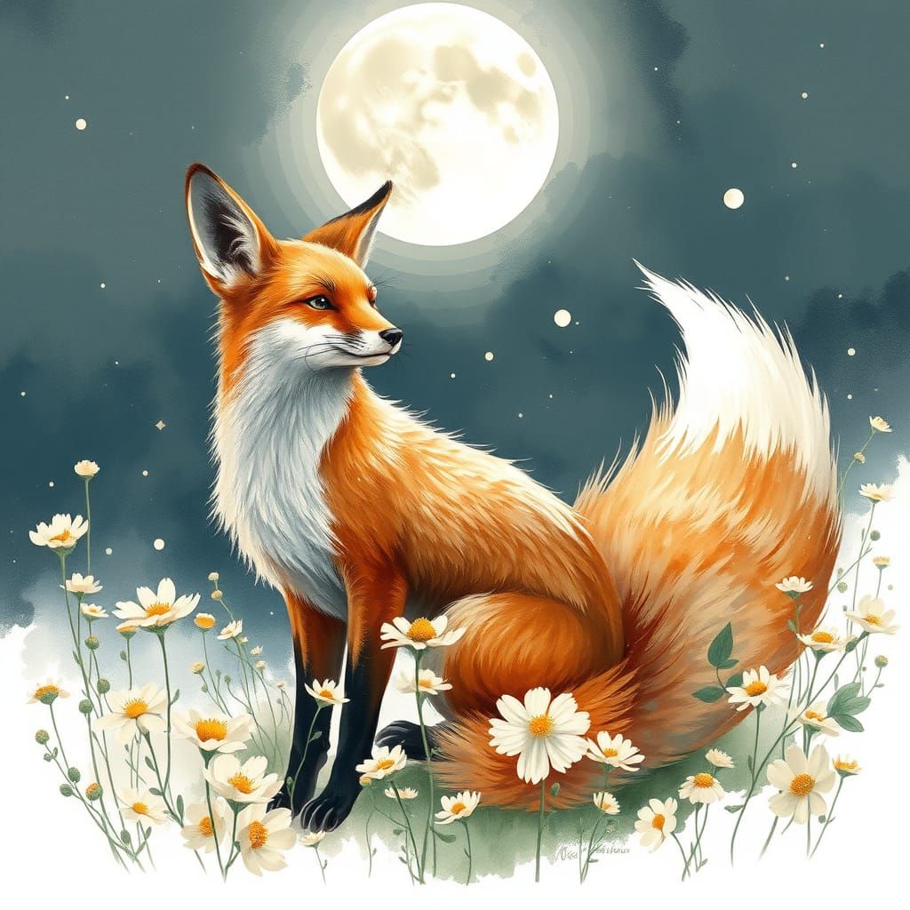 Whimsical Fox in Dreamy Moonlit Field