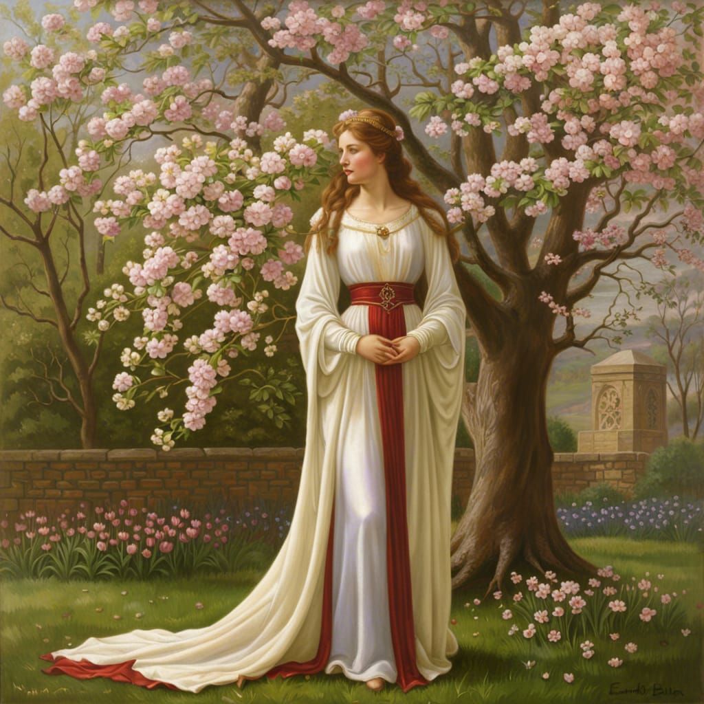 Medieval Maiden in Spring Blossom, Hyperrealistic Art