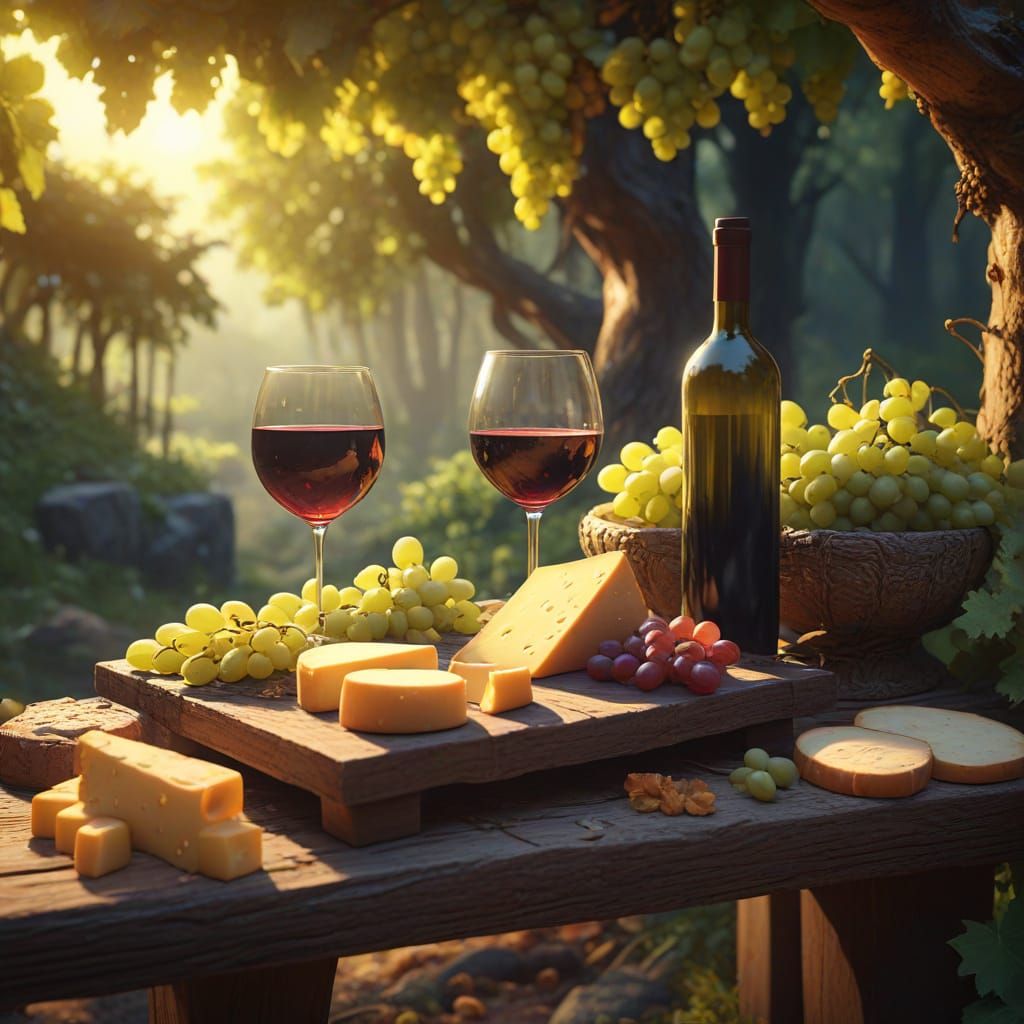 Mystical Wine and Cheese Table, Oil Painting Style