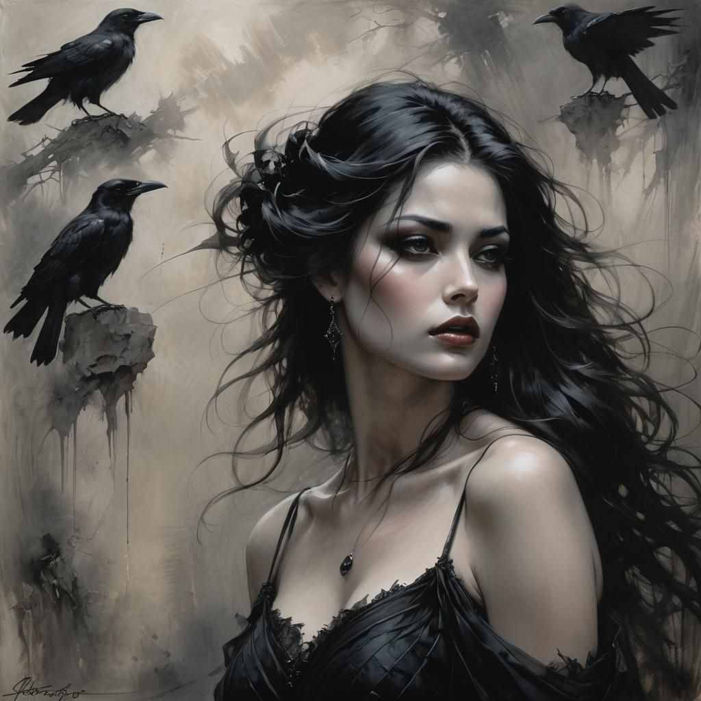 Brooding Woman with Raven in Royo Style