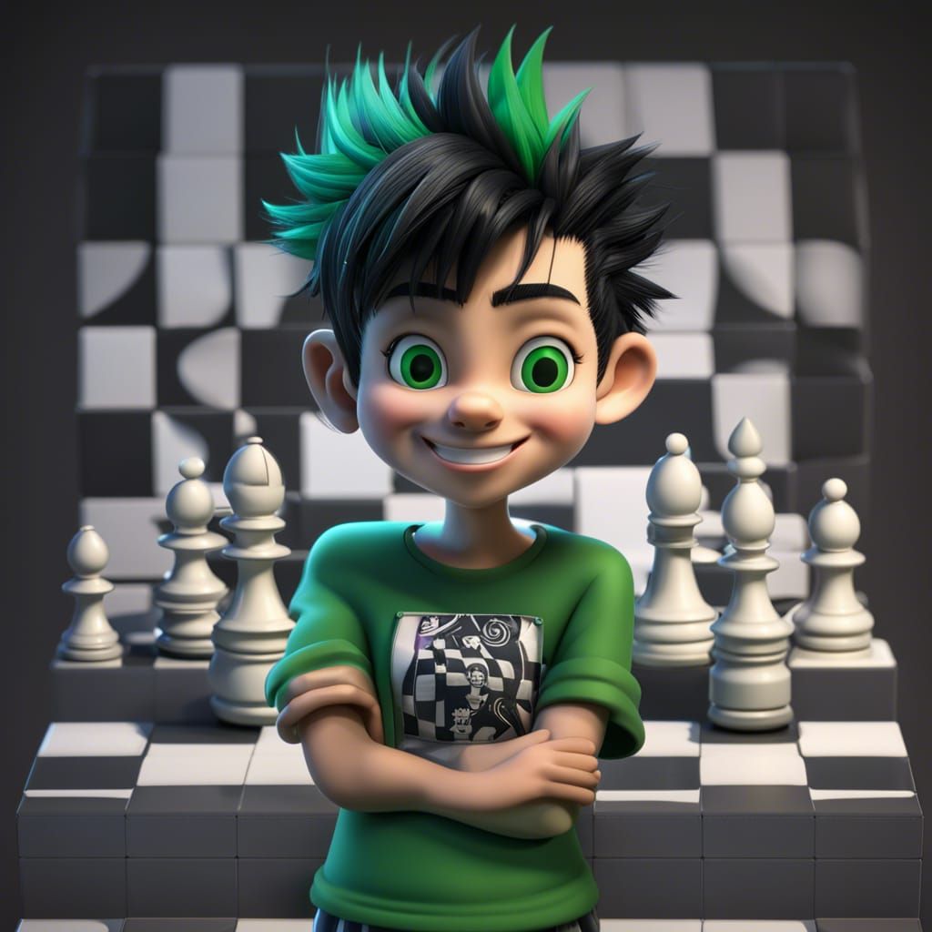 Joyful Manga Character with Chess T-Shirt in 3D