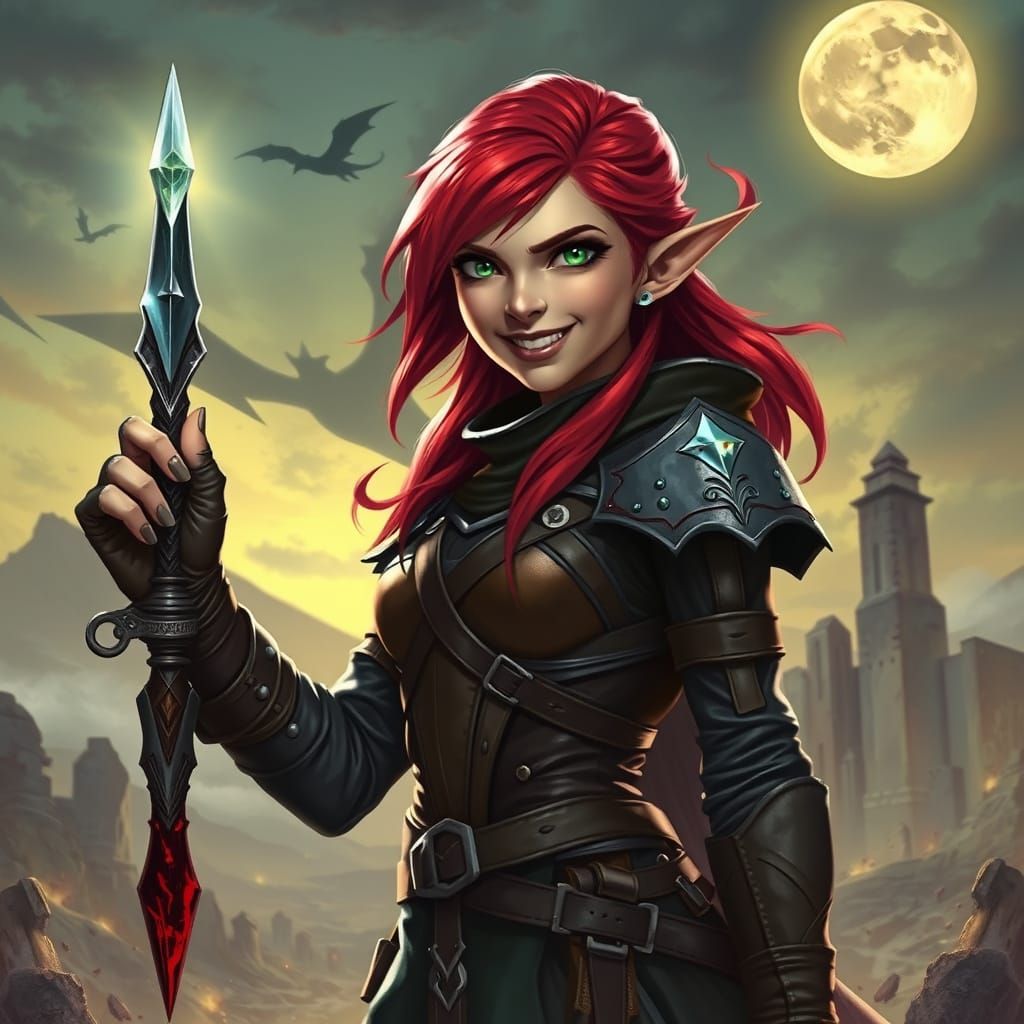 Elf Rogue Points Diamond to Moonlit Sky