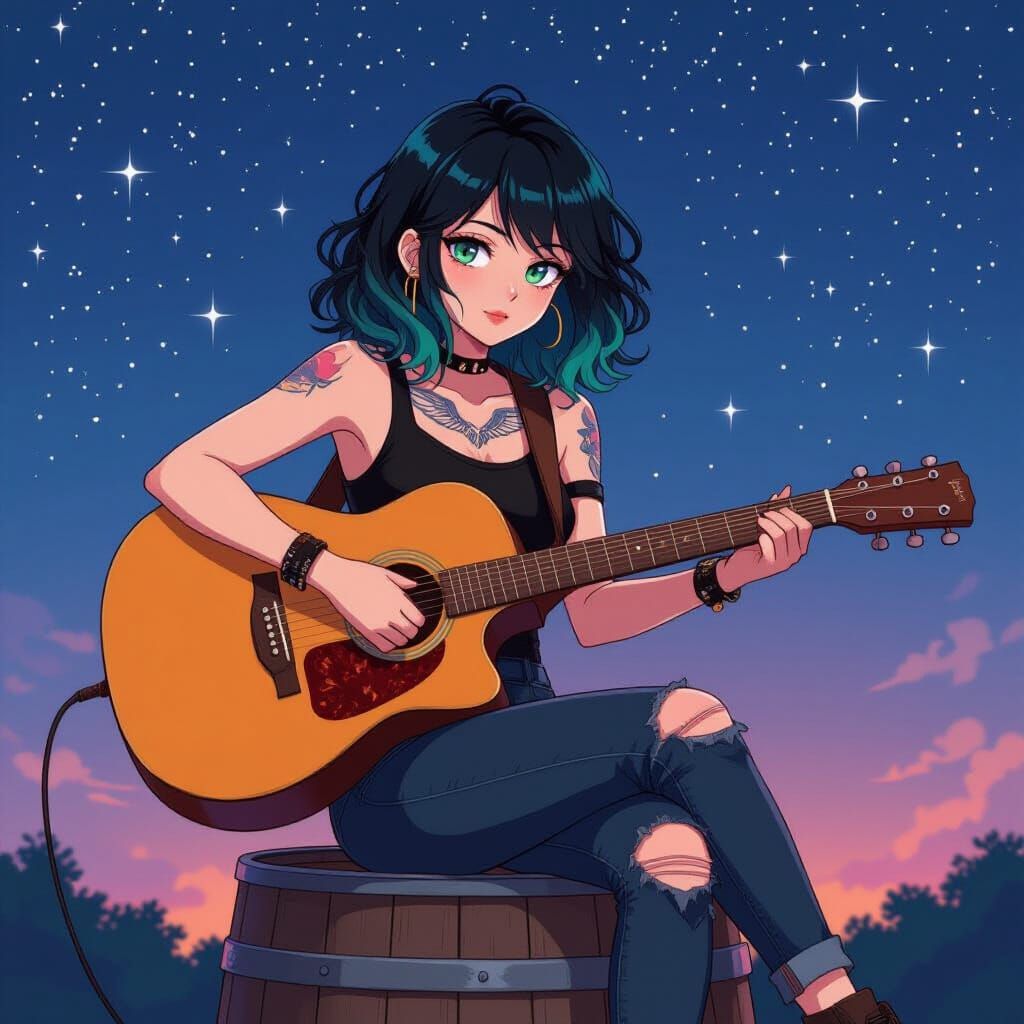Anime Emo Woman Playing Guitar Under Starry Sky