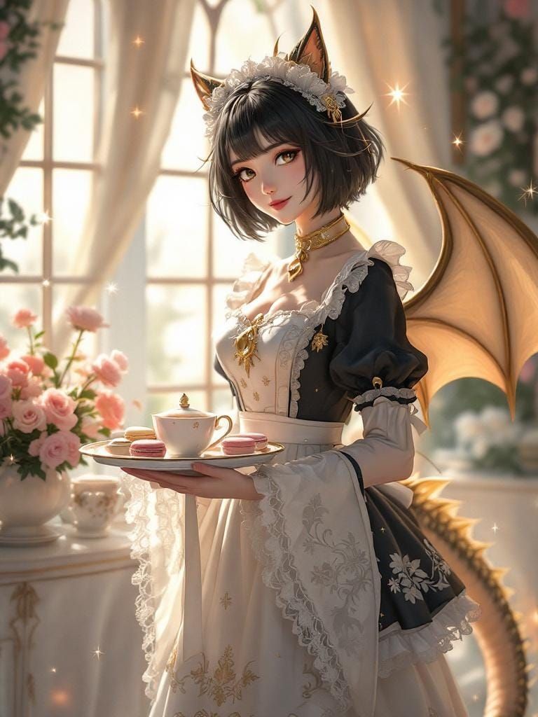 Dragon-Girl Maid in Sunlit Tearoom