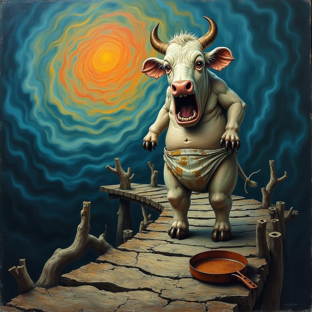 Anthropomorphic Cow's Existential Scream in Surrealist Style