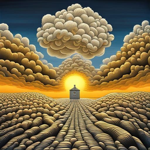 Surreal Golden Landscape with Stormy Clouds in Acrylic Style