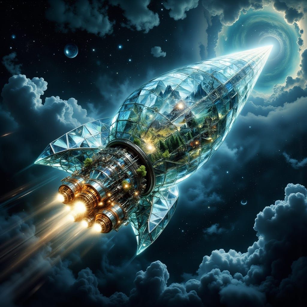 Glass Rocket Soaring Through Cosmos in Hyperreal Style