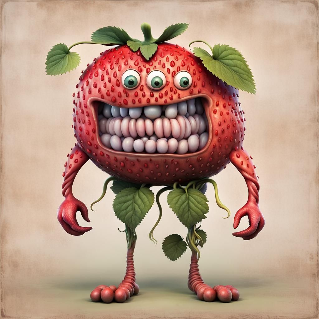 Strawberry Monster in Surreal Garden at Sunrise