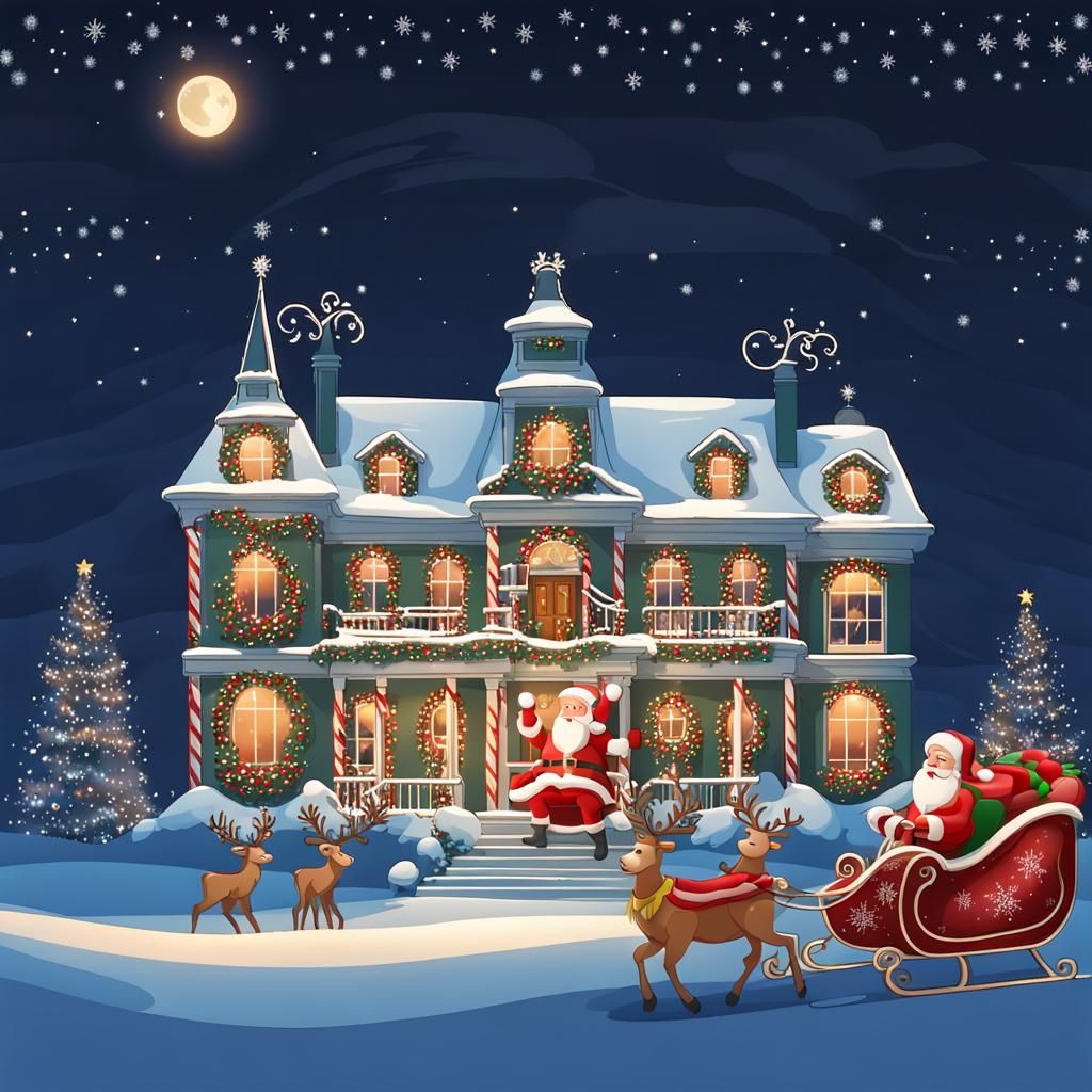Christmas Mansion with Santa and Reindeer