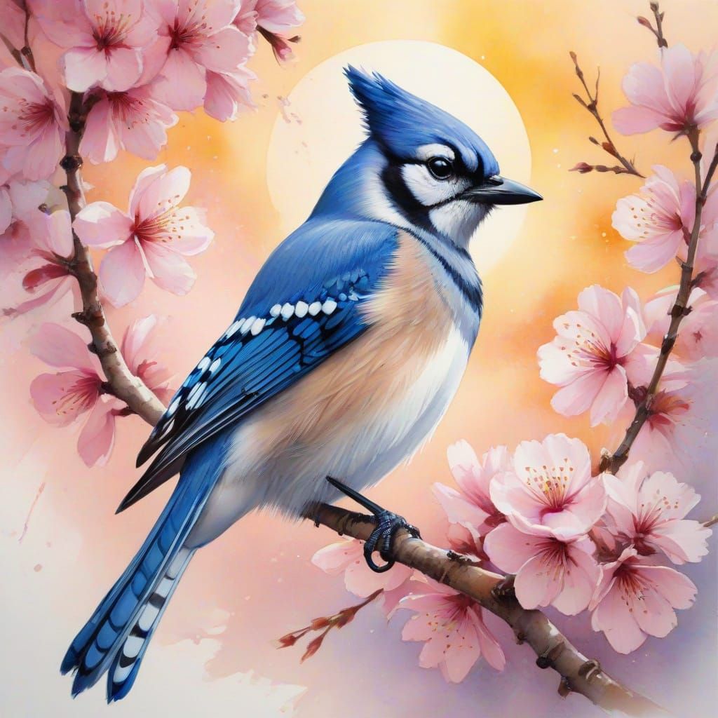 Bluejay on Cherry Blossom Branch at Sunset