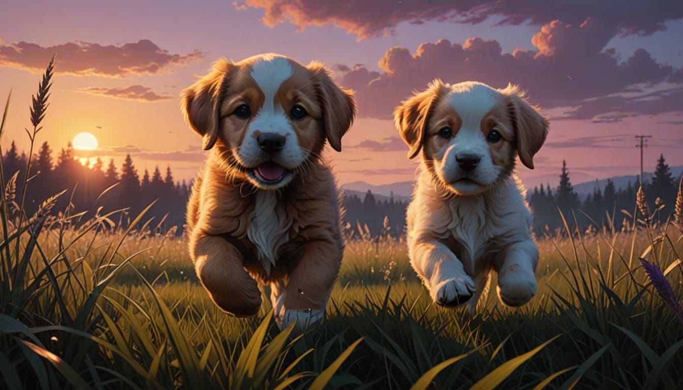 Golden Hour Meadow Playful Puppies in Vibrant Sunset Scene