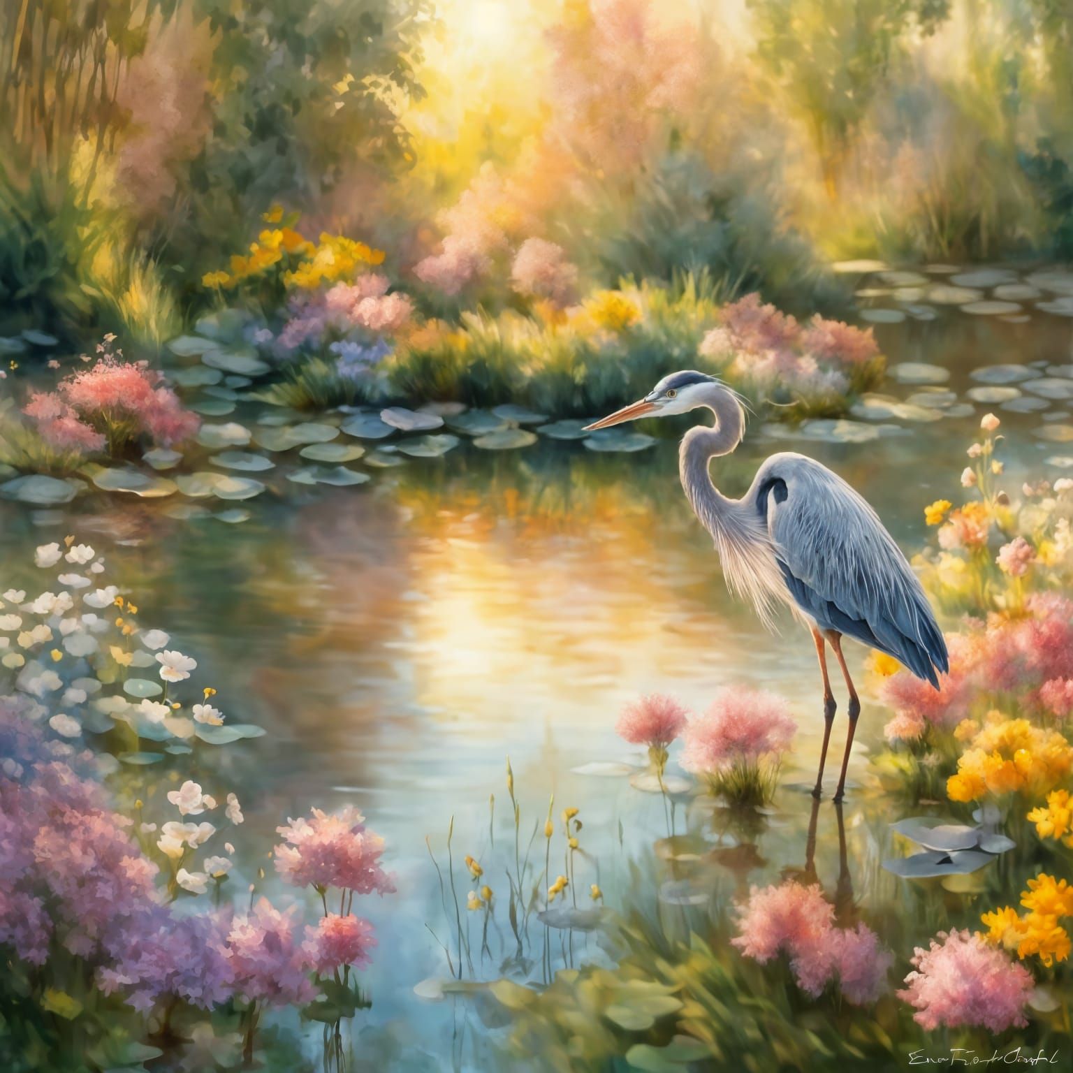 Heron Reflected in Sunlit Impressionistic River Garden