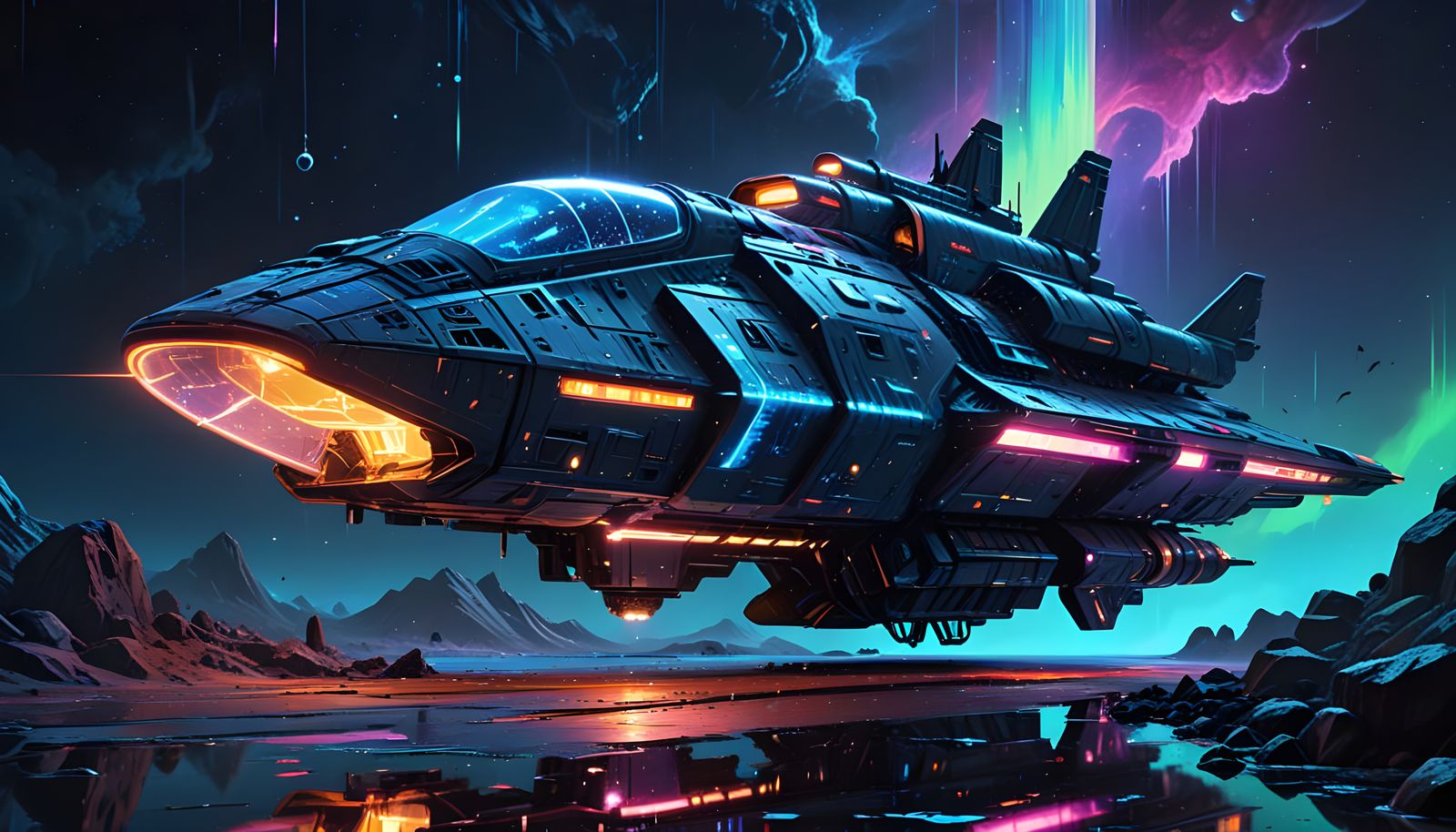 Greeble Spaceship with Bioluminescent Neon Glows