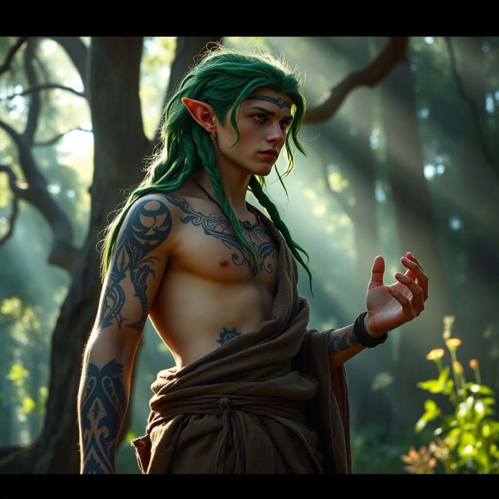 Wood Elf Druid in Ancient Forest, Summoning Nature's Force, ...
