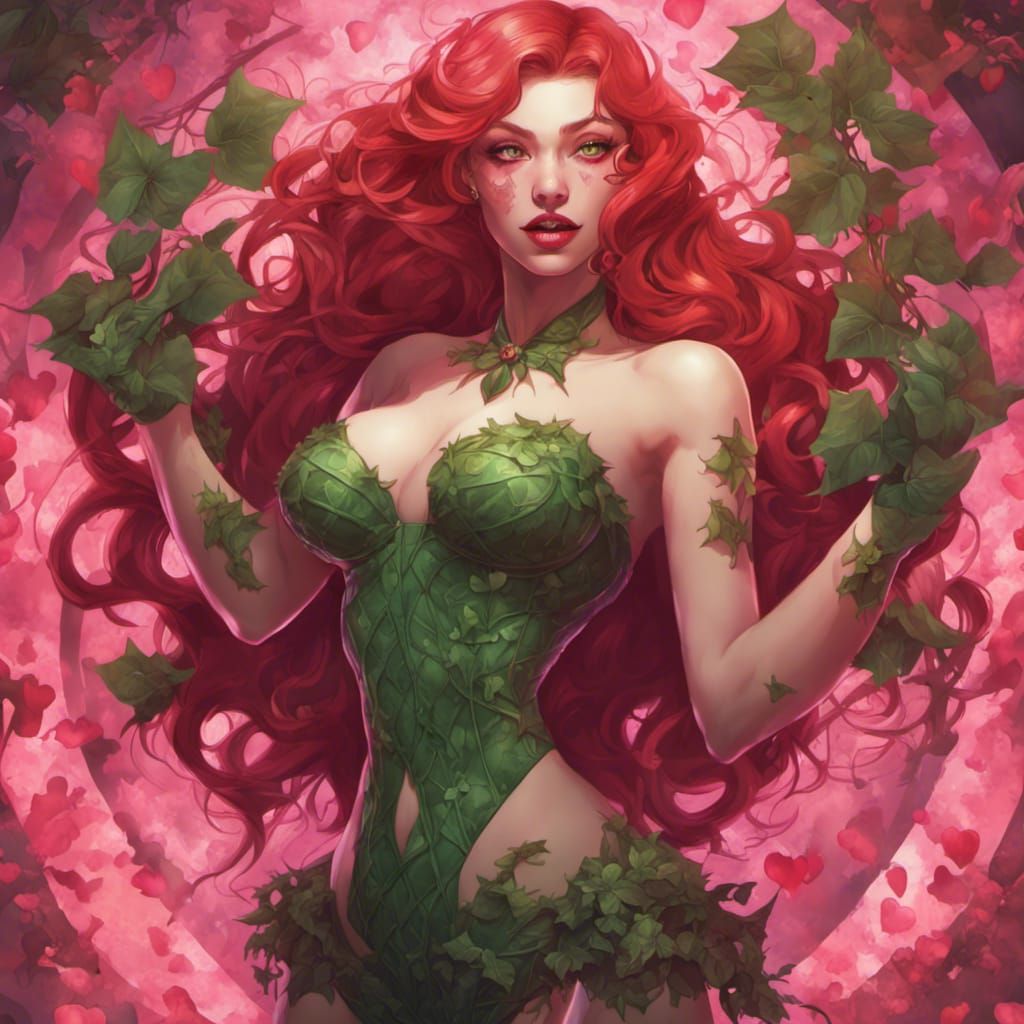 Poison Ivy Portrait with Pink Hearts and Glowing Dust