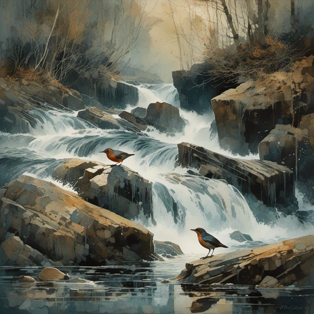 Dipper Bird on Stone in Raging River