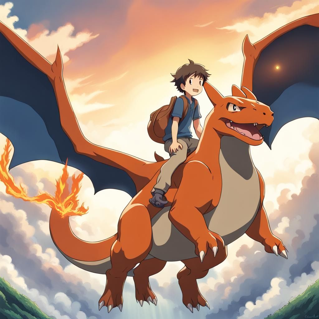 Boy Rides Charizard: Studio Ghibli Anime Style