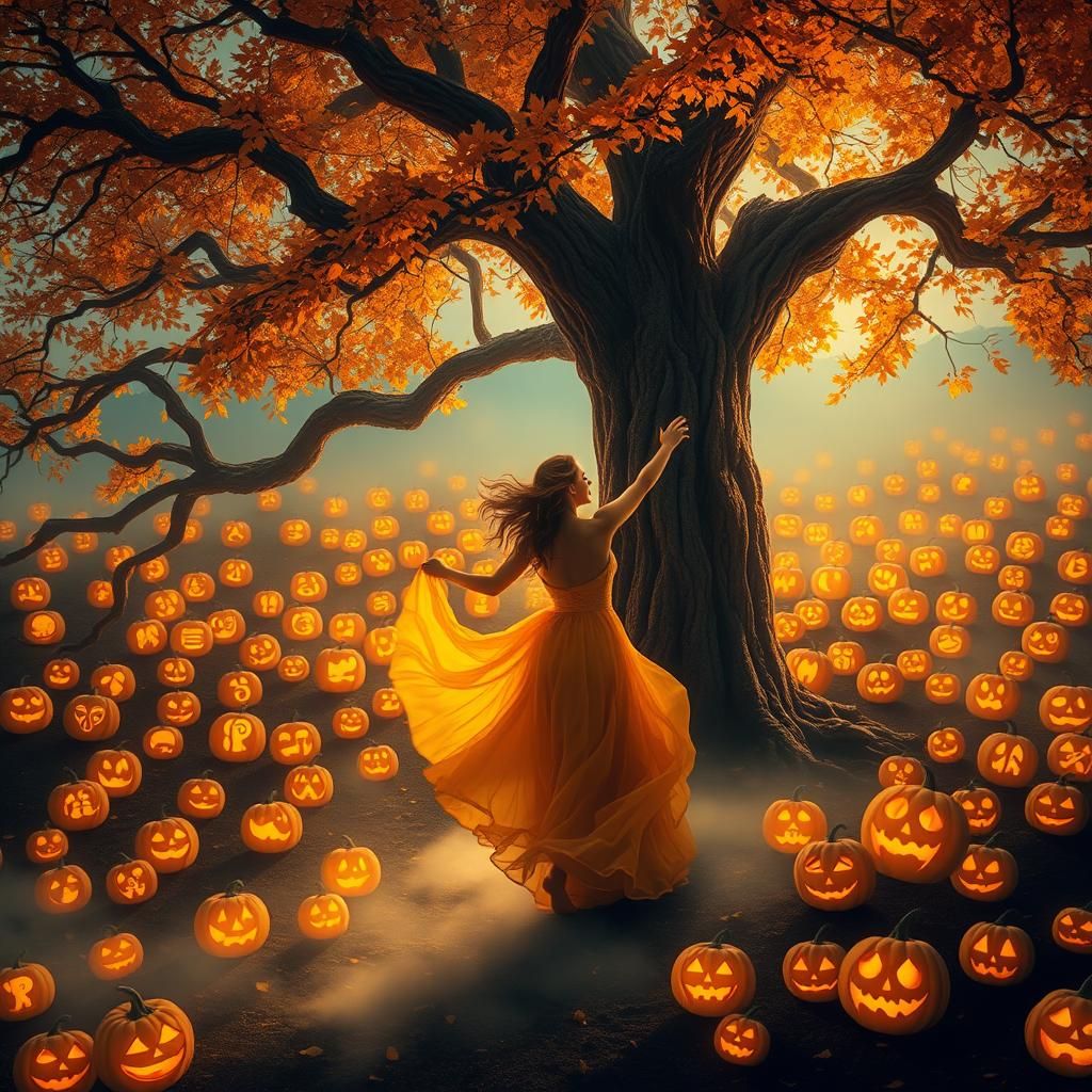 Autumn Dance Under Ancient Tree With Jack-o'-Lanterns