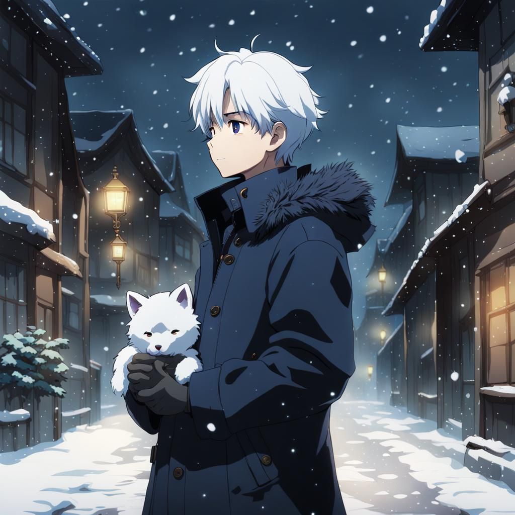 Anime Boy in Snowy Town, Ghibli Style