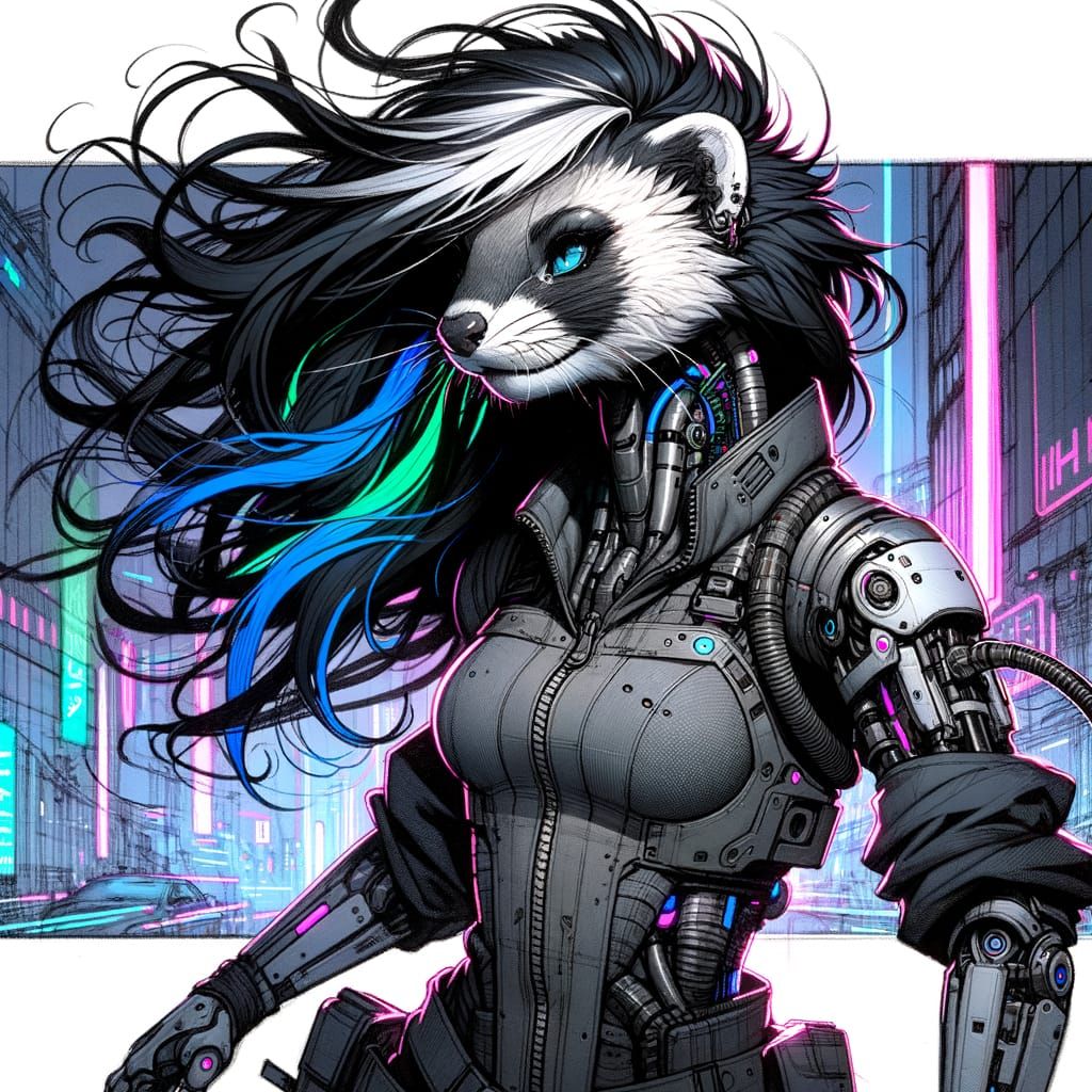 Cyberpunk Ferret Warrior in Ink and Pencil