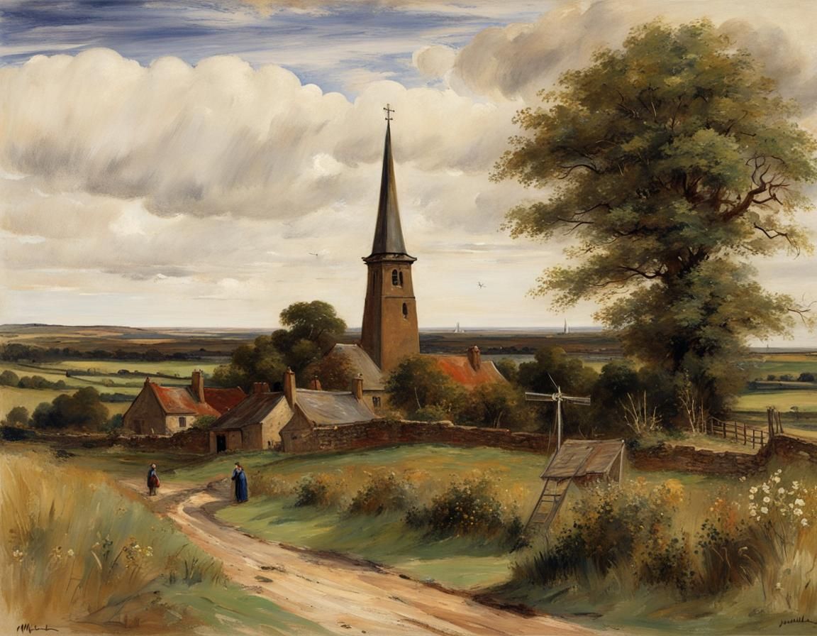 Village Landscape with Church Tower, Vintage Style