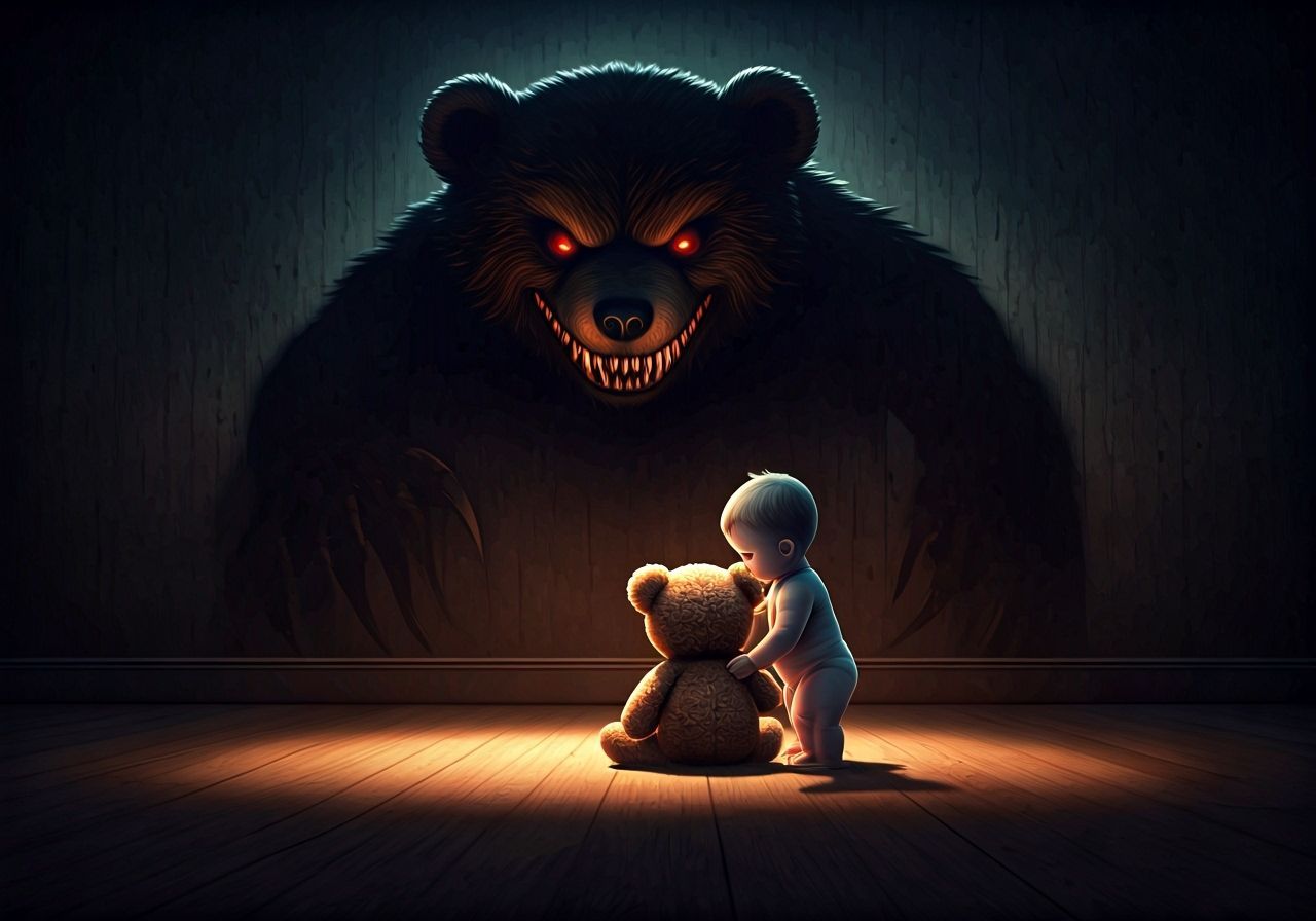 Baby's Bond with Teddy Bear Contrasts Evil Shadow