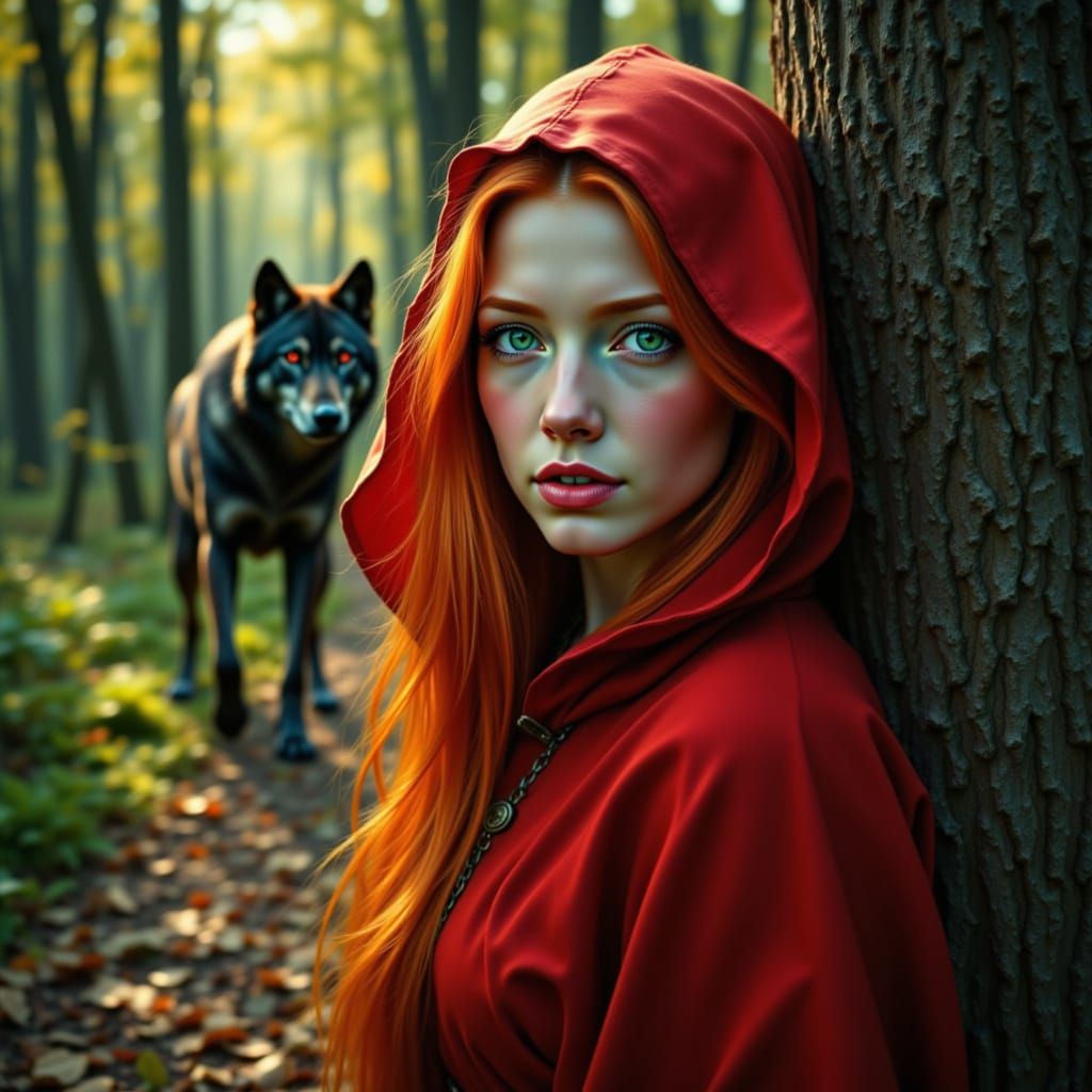 Red Riding Hood and Wolf in Dark Fantasy Forest