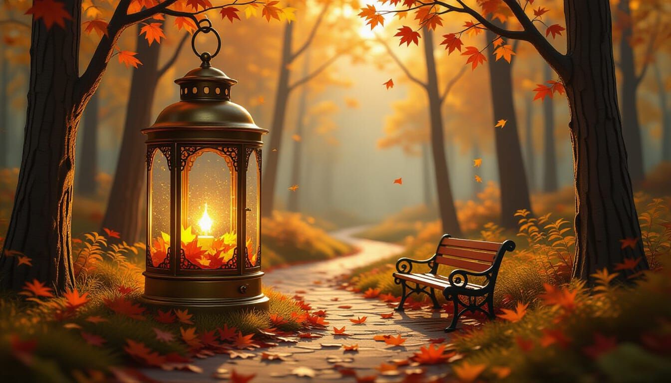 Whimsical Autumn Forest Inside Brass Lantern