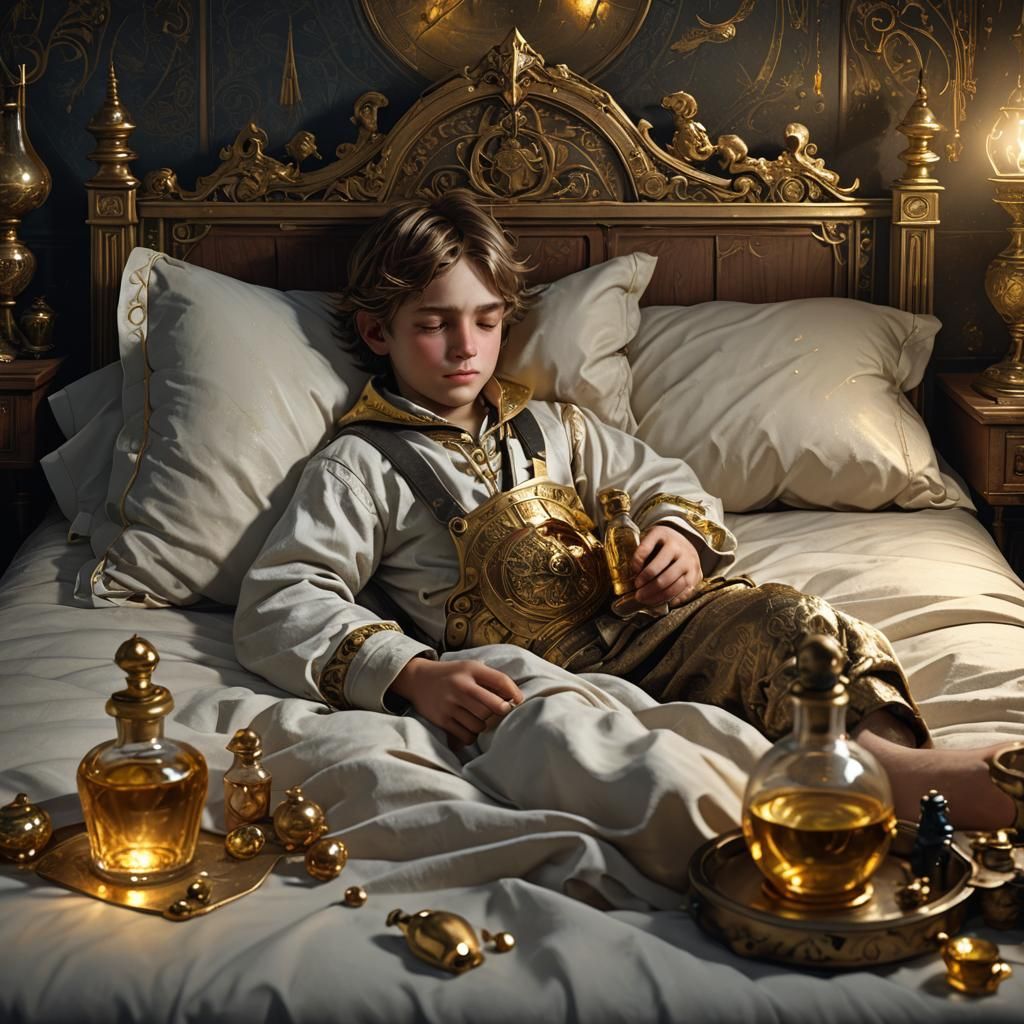 Sickly Child and Golden Potion in Dark Fantasy Style