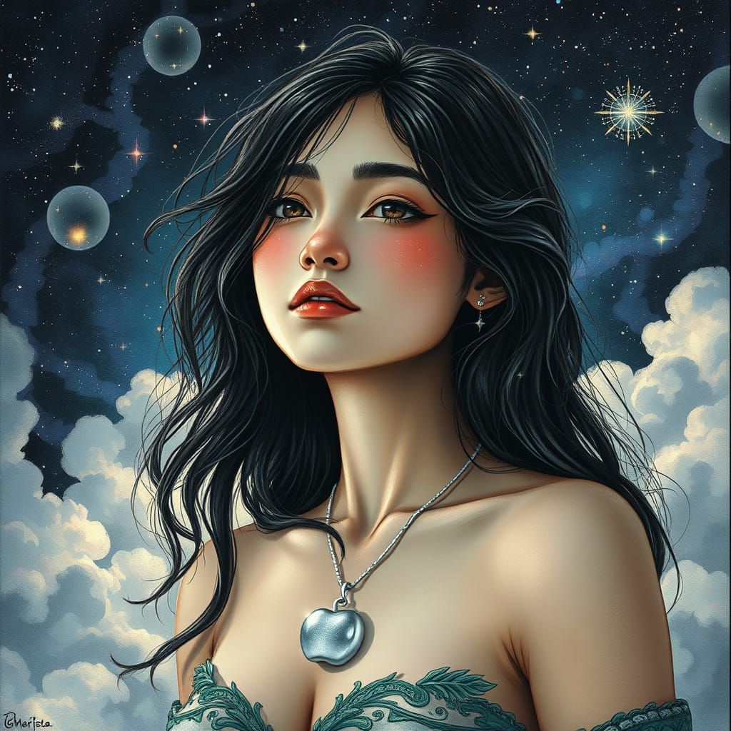 Ethereal Young Woman Adorned with Cosmic Silver Apple Neckla...