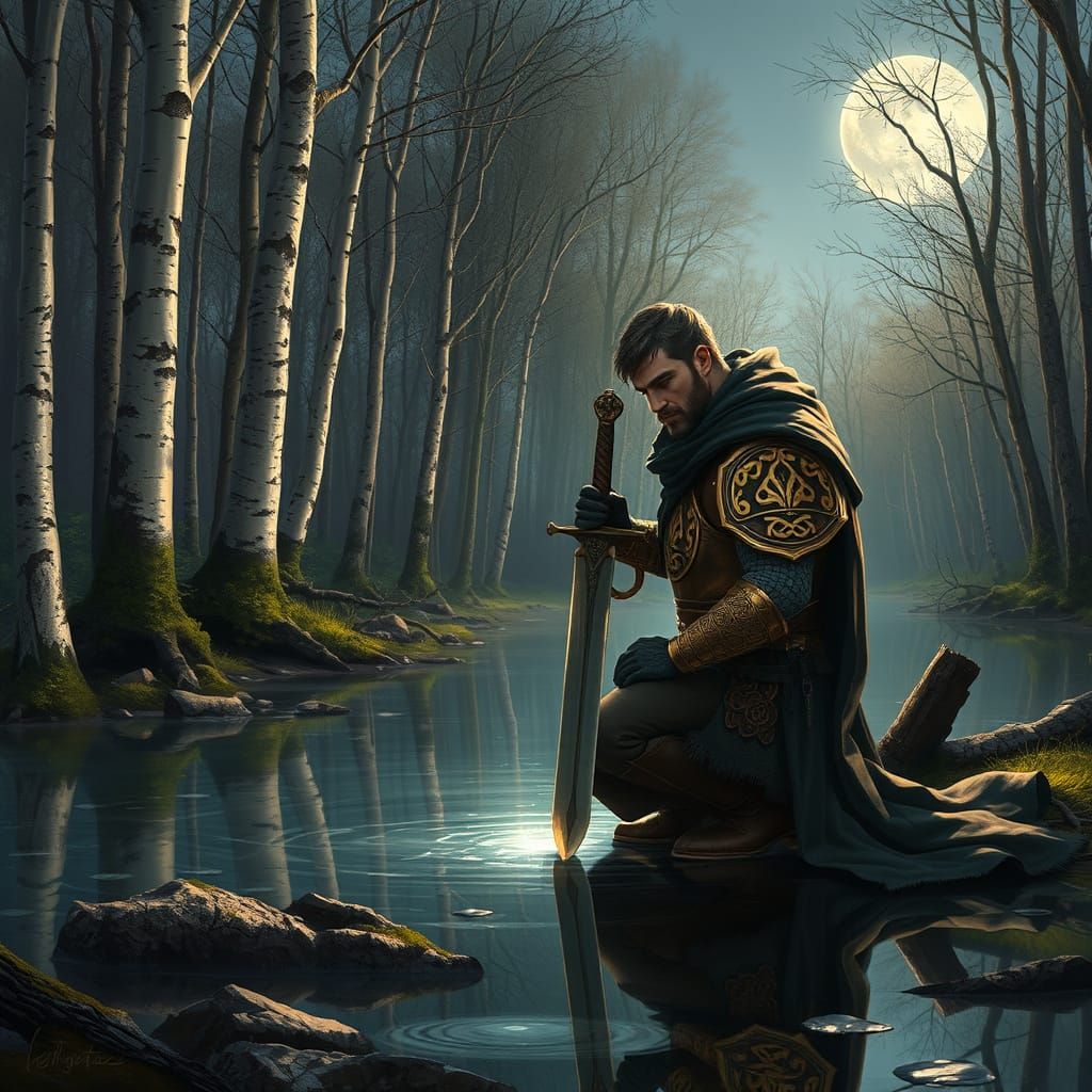Warrior Theron Kneels at Moonlit Pool, Celtic Armor