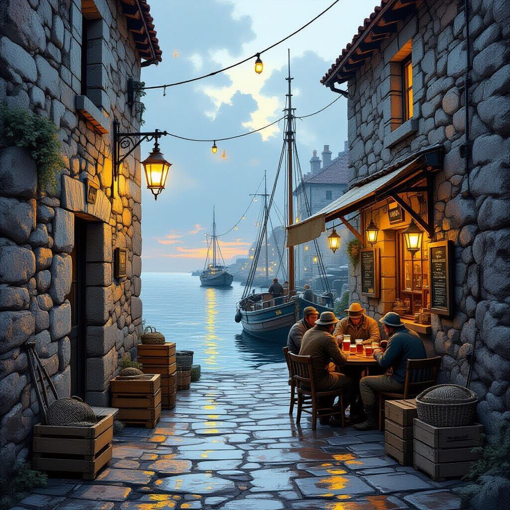 Rustic Seaside Alley with Cozy Tavern and Maritime Atmospher...