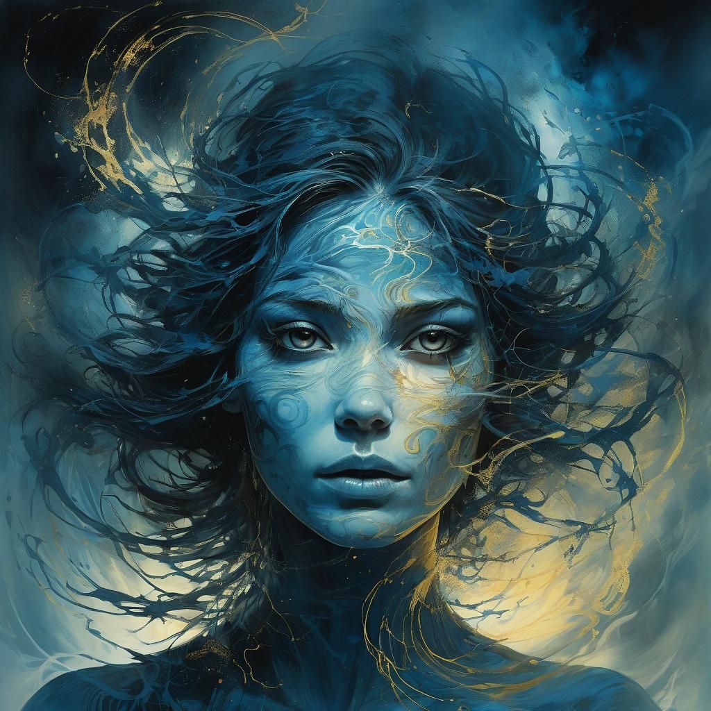 Ethereal Woman in Swirling Mist: A Dark Fantasy Illustration