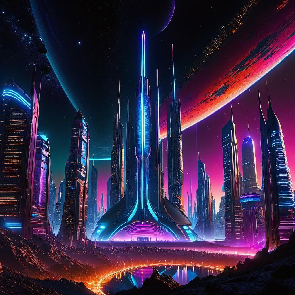 Futuristic Cityscape on Alien Planet in Cyberpunk Style