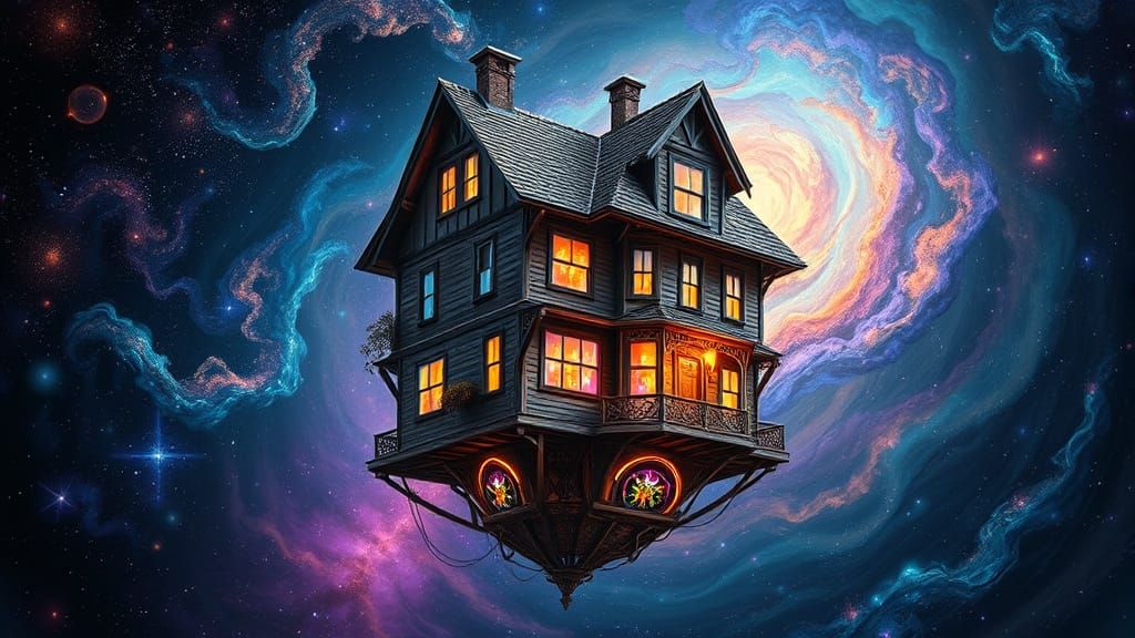Surreal House Floats Amidst Cosmic Ocean with Vibrant Swirli...