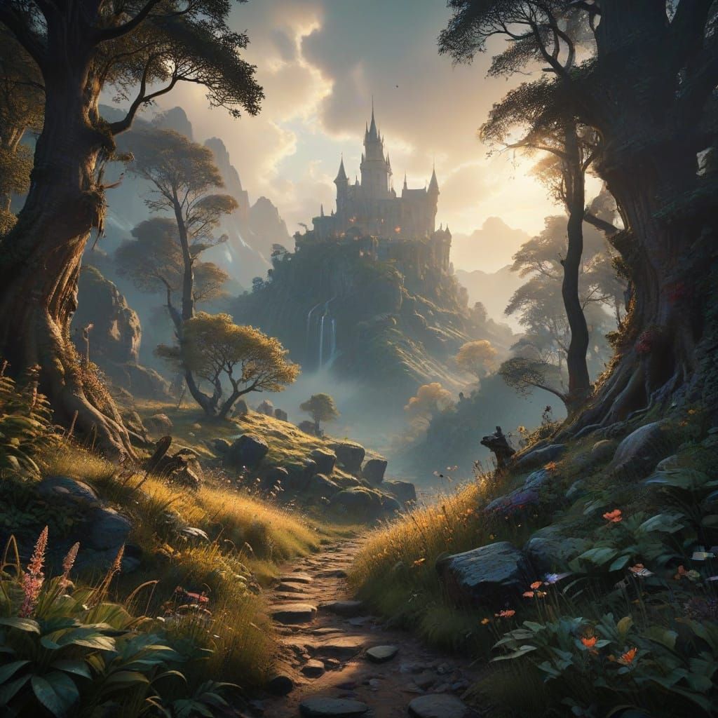 Ethereal Dawn Landscape with Cinematic Lighting