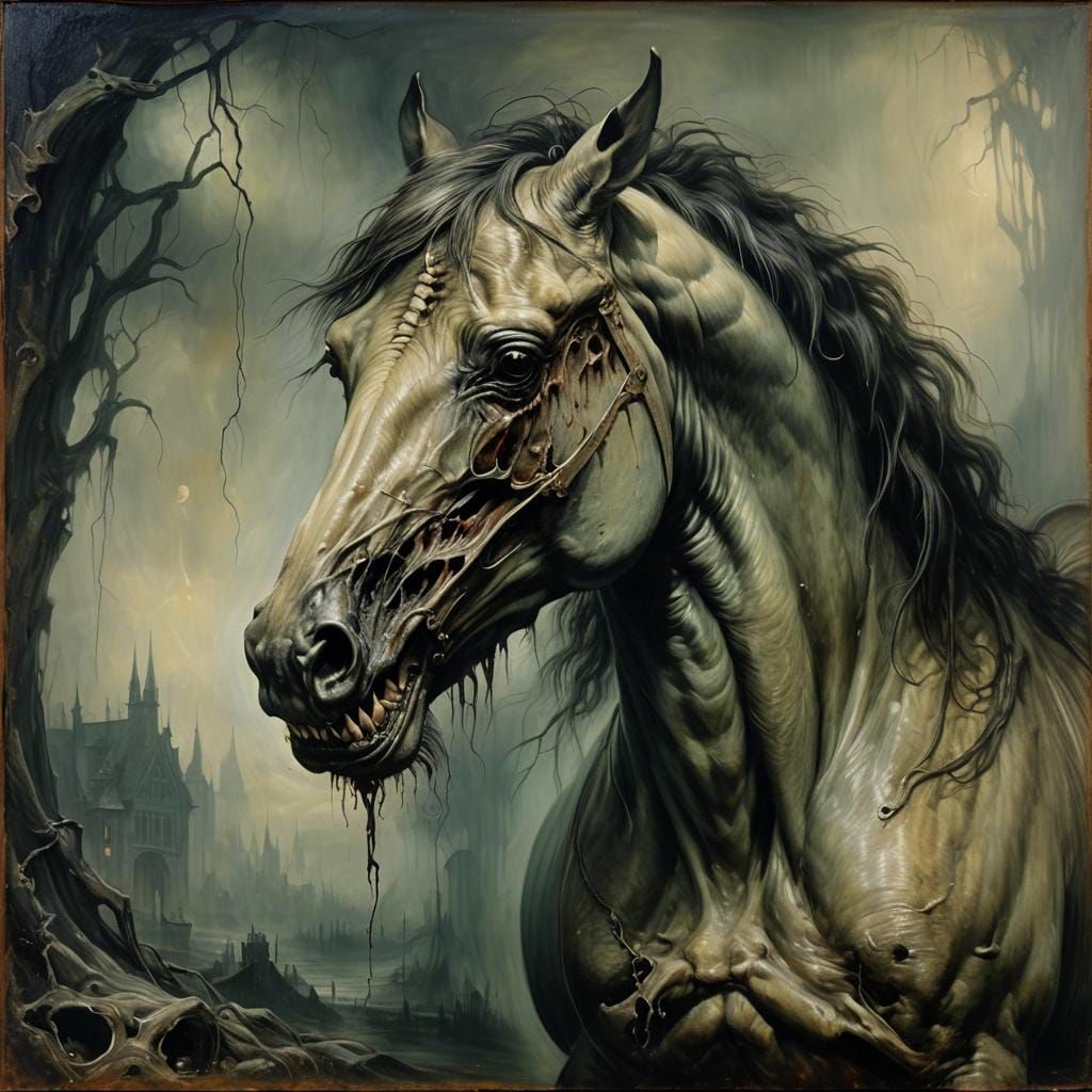 Eerie Victorian Gothic Horse Devouring Viewer