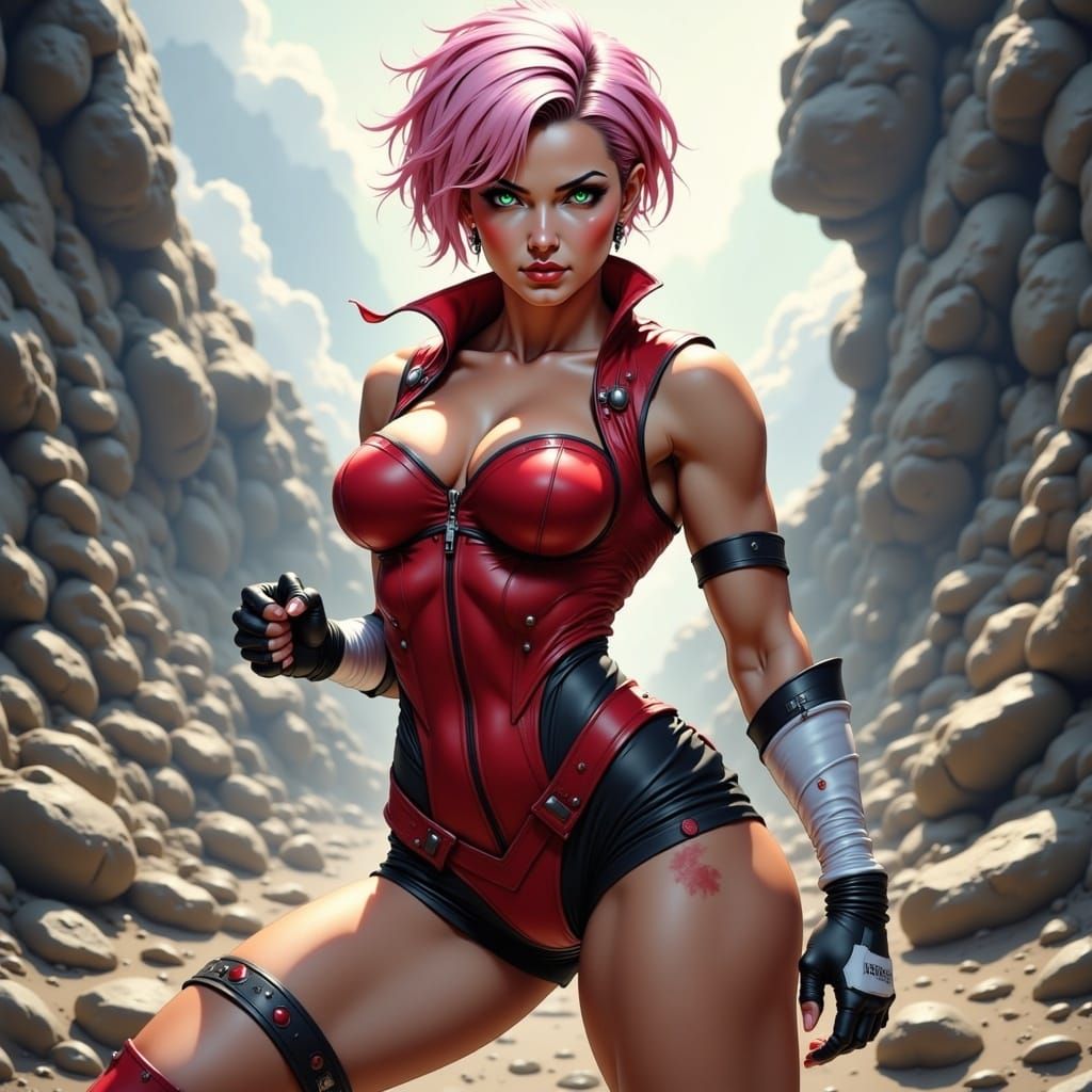 Fierce Pink-Haired Fighter in a Digital Drawing