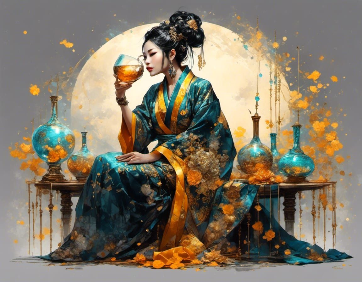Woman in Kimono Sipping, in Digital Art Style